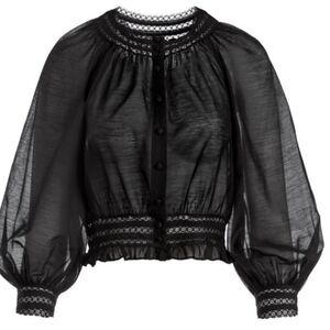 Alice +Olivia Cherelle Button Front Lace Trim Puff Sleeve Blouse Black